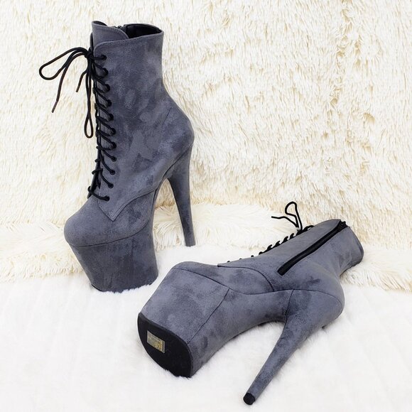 Flamingo 1020FS Gray Vegan Suede 8" High Heel Platform Ankle Boots - Picture 5 of 11